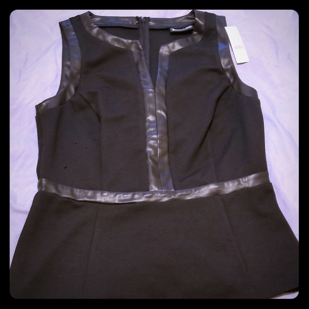 NY & Co. Faux Leather Trim Split Neck Top